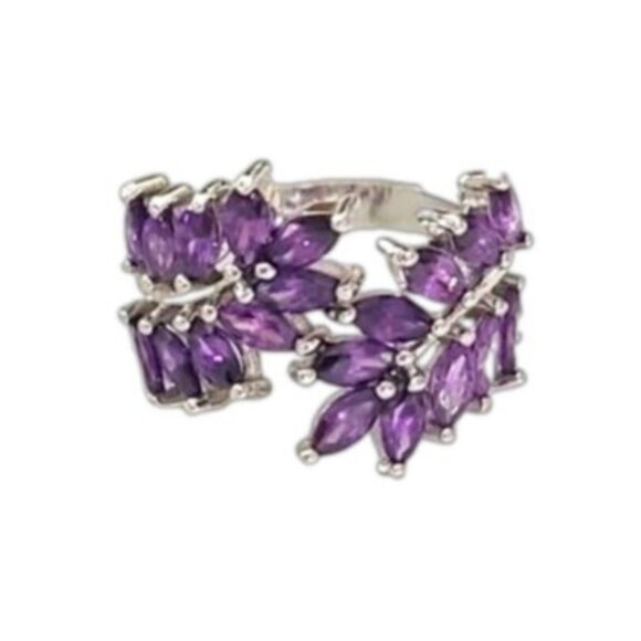 Beautiful Costume Silver Plated Chunky Amethyst Purple Stone Leaf Cocktail Ring - Picture 1 of 7